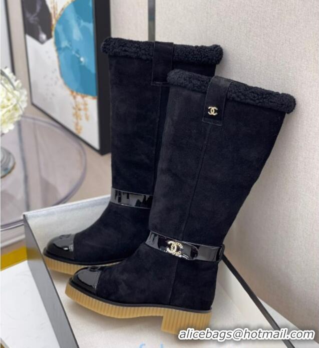 Good Product Chanel Suede Wool around 38cm High Boots with CC Strap 120126 Black