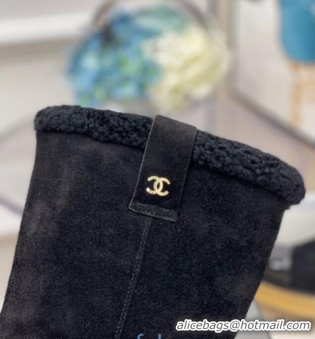 Good Product Chanel Suede Wool around 38cm High Boots with CC Strap 120126 Black