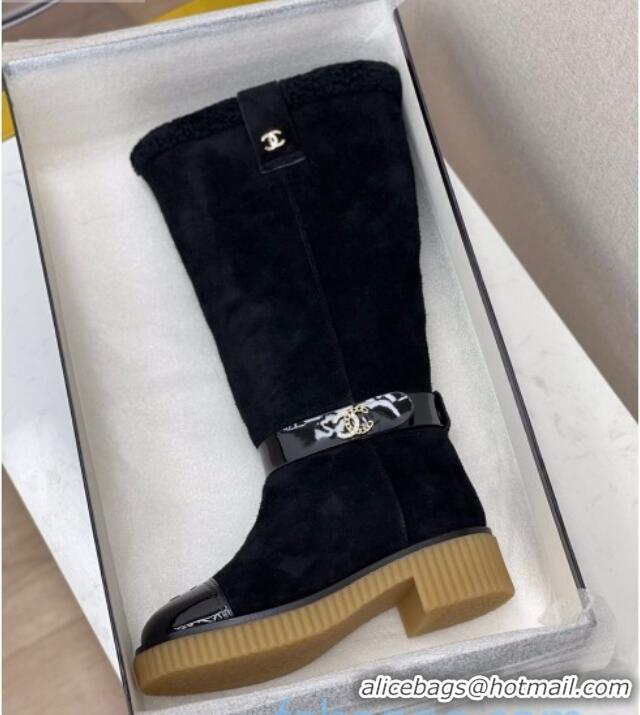 Good Product Chanel Suede Wool around 38cm High Boots with CC Strap 120126 Black