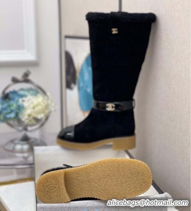 Good Product Chanel Suede Wool around 38cm High Boots with CC Strap 120126 Black