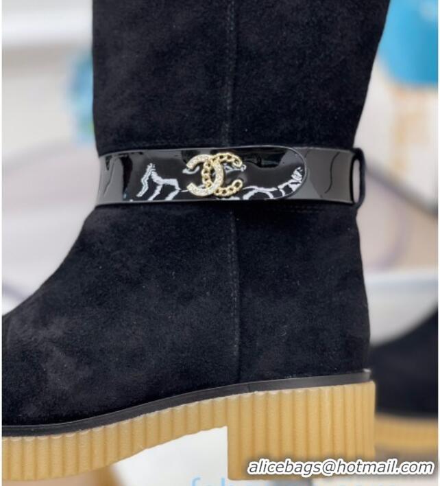 Good Product Chanel Suede Wool around 38cm High Boots with CC Strap 120126 Black