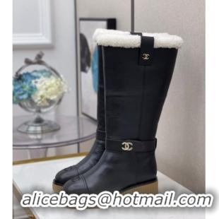 Grade Quality Chanel Calfskin Wool around 38cm High Boots with CC Strap 120127 Black