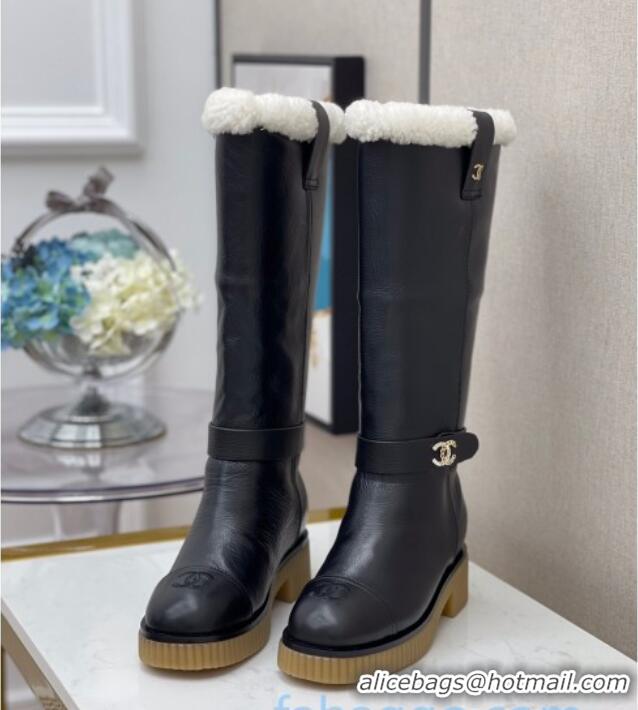 Grade Quality Chanel Calfskin Wool around 38cm High Boots with CC Strap 120127 Black