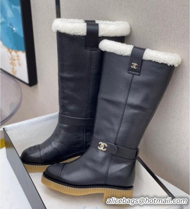 Grade Quality Chanel Calfskin Wool around 38cm High Boots with CC Strap 120127 Black