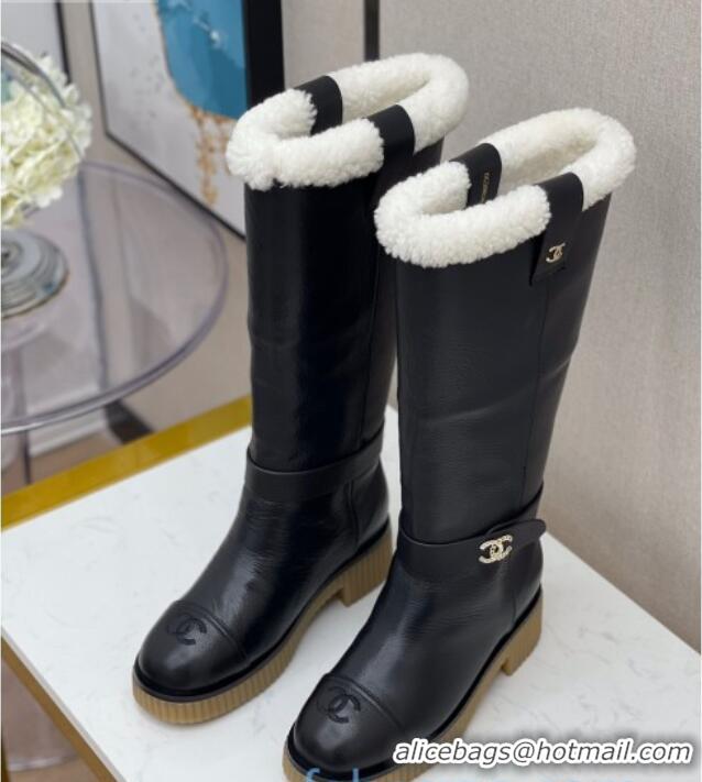 Grade Quality Chanel Calfskin Wool around 38cm High Boots with CC Strap 120127 Black