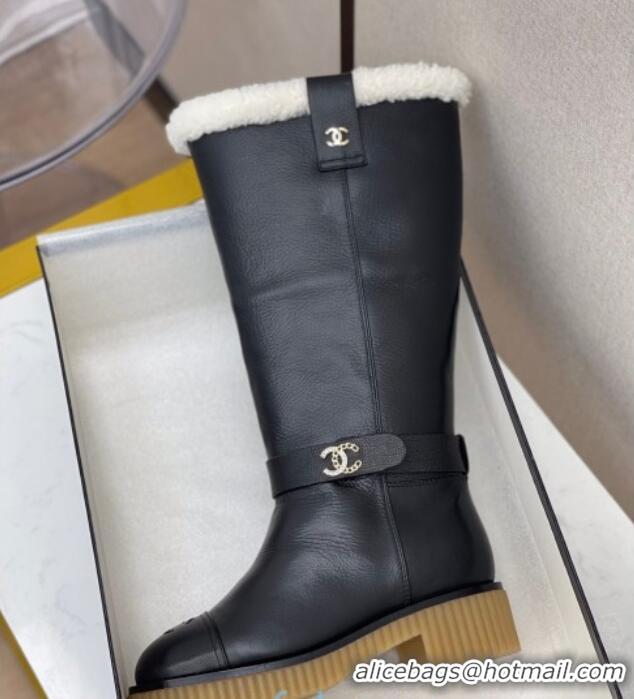 Grade Quality Chanel Calfskin Wool around 38cm High Boots with CC Strap 120127 Black