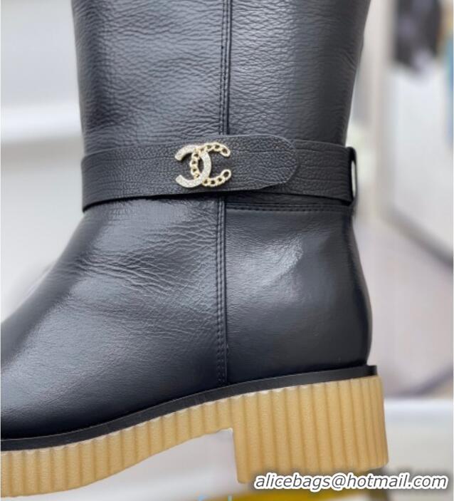 Grade Quality Chanel Calfskin Wool around 38cm High Boots with CC Strap 120127 Black