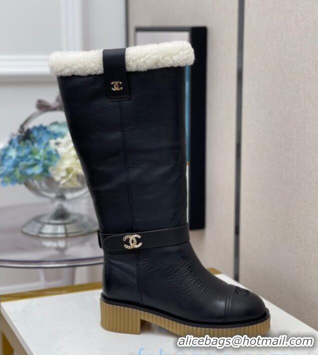 Grade Quality Chanel Calfskin Wool around 38cm High Boots with CC Strap 120127 Black