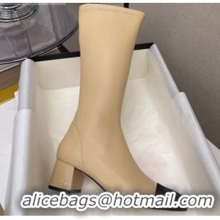 Shop Duplicate Chanel Lambskin Heel Mid High Boots 120130 Beige