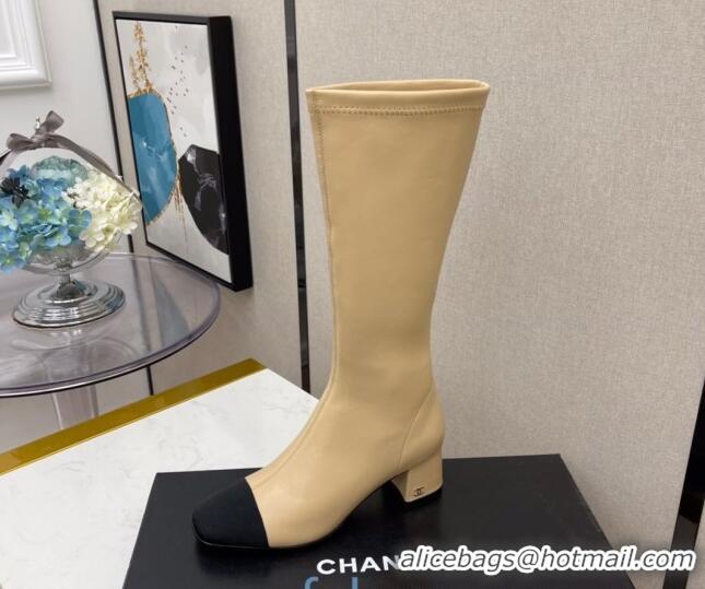 Shop Duplicate Chanel Lambskin Heel Mid High Boots 120130 Beige