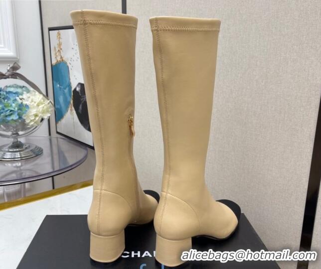 Shop Duplicate Chanel Lambskin Heel Mid High Boots 120130 Beige