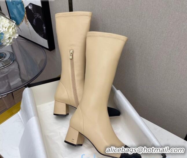 Shop Duplicate Chanel Lambskin Heel Mid High Boots 120130 Beige