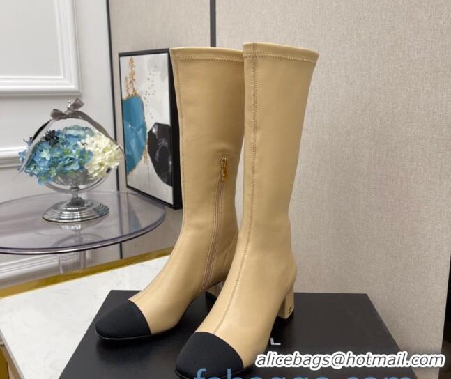 Shop Duplicate Chanel Lambskin Heel Mid High Boots 120130 Beige