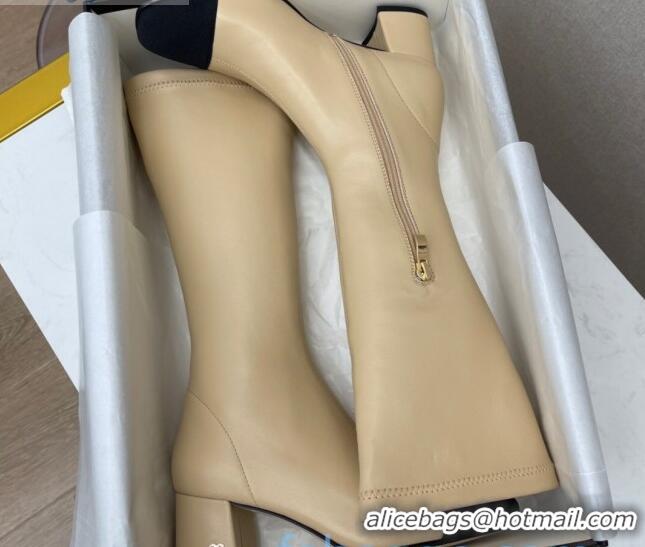 Shop Duplicate Chanel Lambskin Heel Mid High Boots 120130 Beige