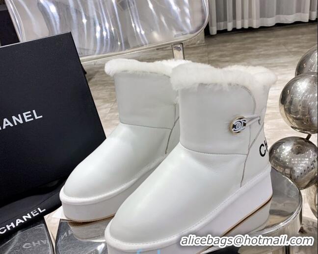 Best Luxury Chanel Leather Wool Short Boots with Buckle 120133 White