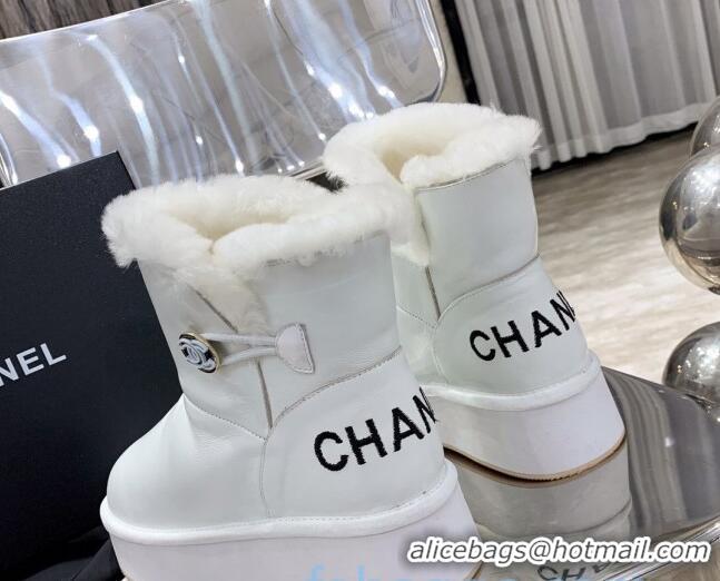 Best Luxury Chanel Leather Wool Short Boots with Buckle 120133 White