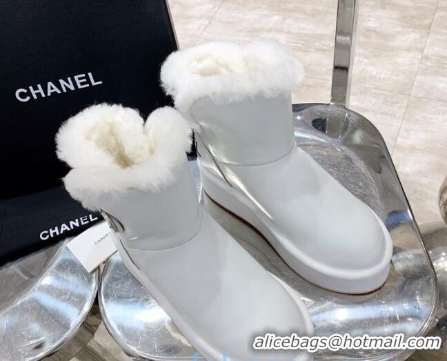 Best Luxury Chanel Leather Wool Short Boots with Buckle 120133 White