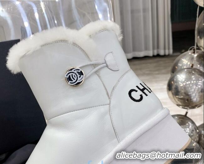 Best Luxury Chanel Leather Wool Short Boots with Buckle 120133 White