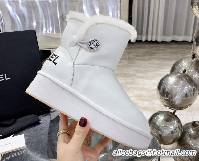 Best Luxury Chanel Leather Wool Short Boots with Buckle 120133 White