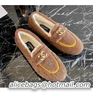 Good Quality Chanel Shearling Wool Flat Loafers 120204 Brown 