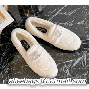 Charming Chanel Shearling Wool Flat Loafers 120204 White