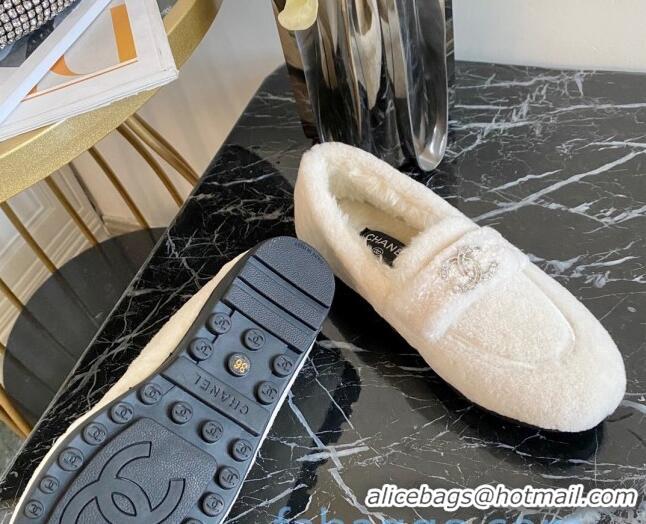 Charming Chanel Shearling Wool Flat Loafers 120204 White