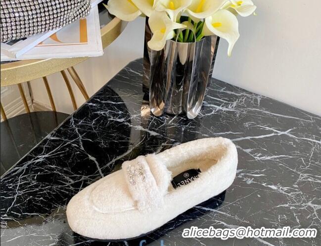 Charming Chanel Shearling Wool Flat Loafers 120204 White