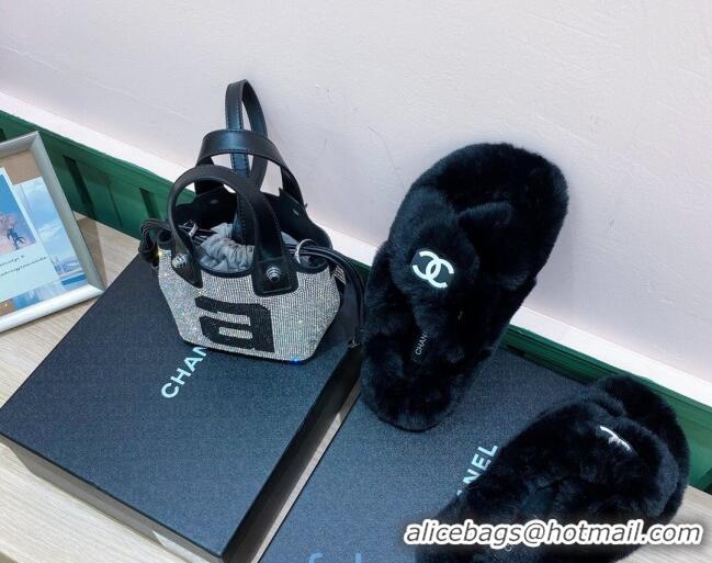 New Style Chanel Rabbit Fur Cross Flat Sandals 120208 Black