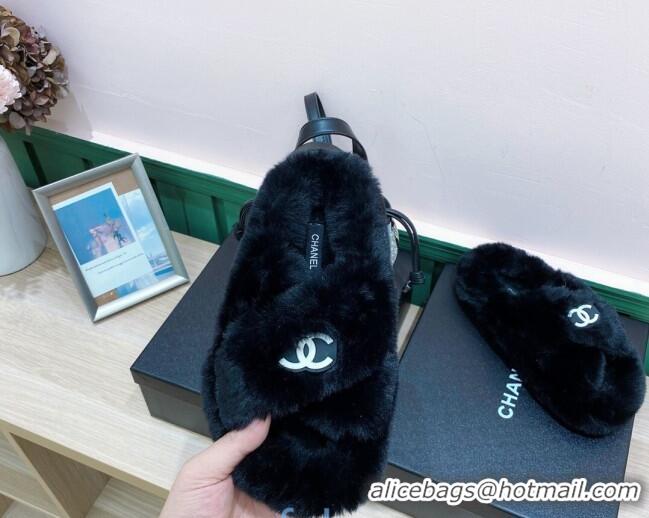 New Style Chanel Rabbit Fur Cross Flat Sandals 120208 Black