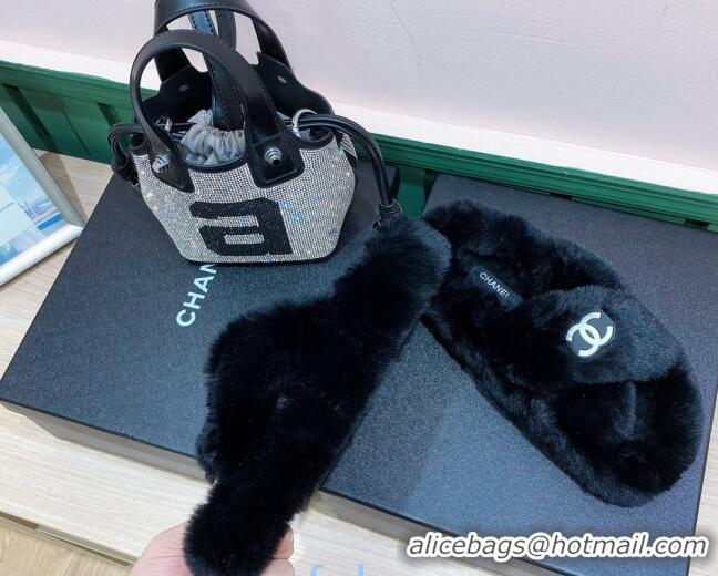 New Style Chanel Rabbit Fur Cross Flat Sandals 120208 Black