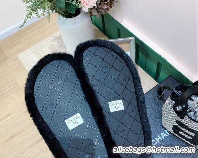 New Style Chanel Rabbit Fur Cross Flat Sandals 120208 Black