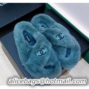 Low Price Chanel Rabbit Fur Cross Flat Sandals 120208 Blue