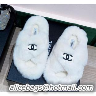 Most Popular Chanel Rabbit Fur Cross Flat Sandals 120208 White