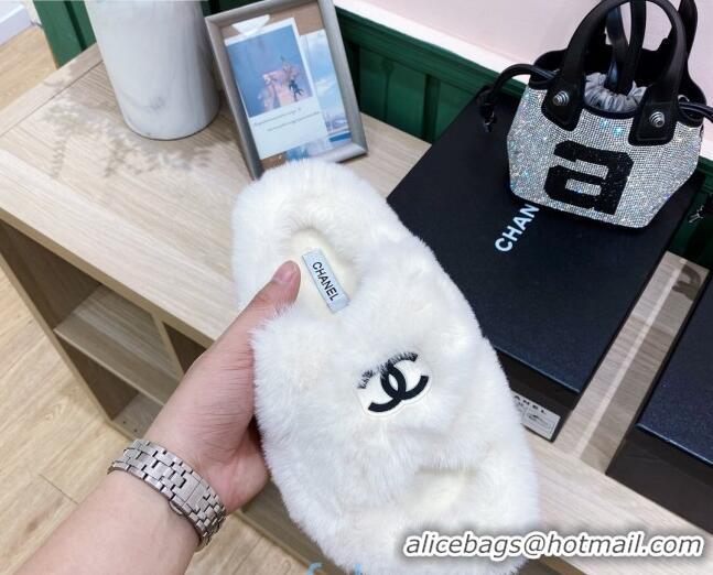 Most Popular Chanel Rabbit Fur Cross Flat Sandals 120208 White