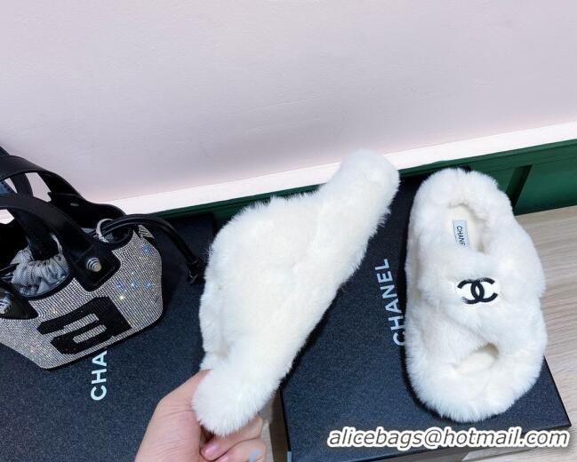 Most Popular Chanel Rabbit Fur Cross Flat Sandals 120208 White