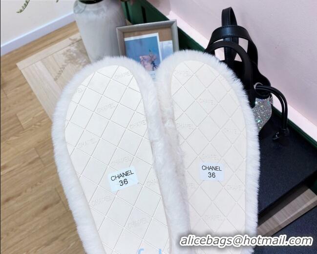 Most Popular Chanel Rabbit Fur Cross Flat Sandals 120208 White