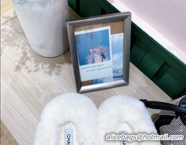 Most Popular Chanel Rabbit Fur Cross Flat Sandals 120208 White