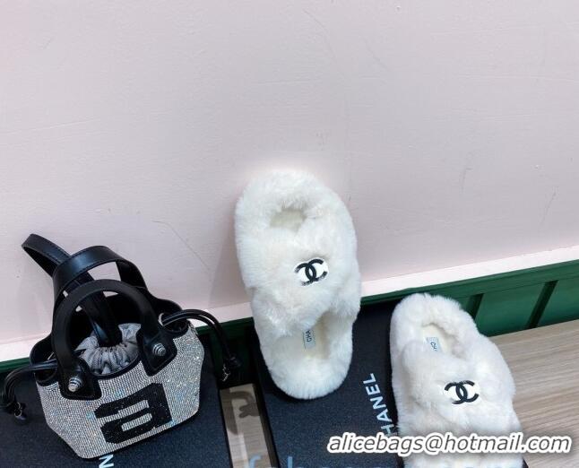 Most Popular Chanel Rabbit Fur Cross Flat Sandals 120208 White