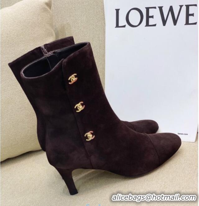 Top Grade Chanel Suede CC Buckle Side Heel 6.5cm Short Boots 120217 Coffee Brown