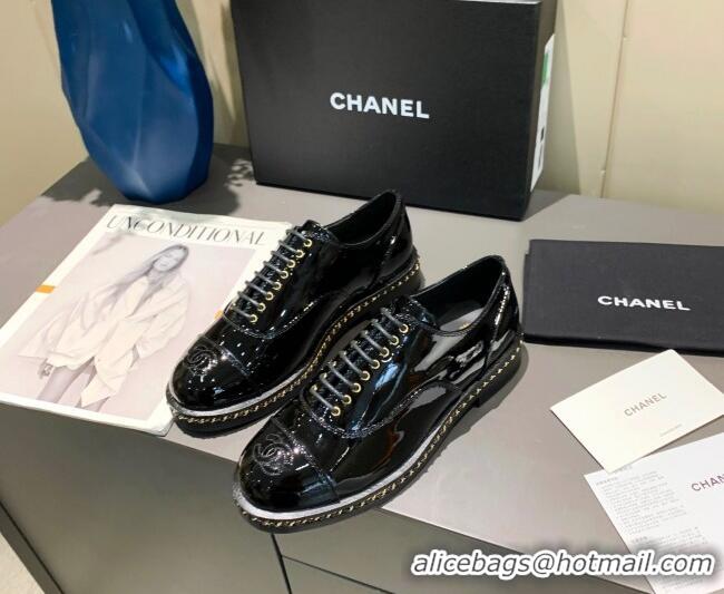 Perfect Chanel Patent Leather Lace-ups with Chain Charm G36446 Black