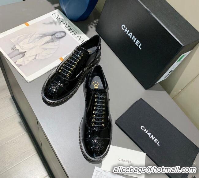 Perfect Chanel Patent Leather Lace-ups with Chain Charm G36446 Black