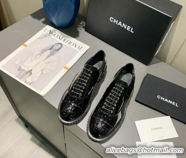 Perfect Chanel Patent Leather Lace-ups with Chain Charm G36446 Black