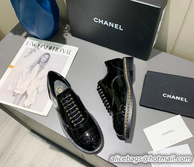 Perfect Chanel Patent Leather Lace-ups with Chain Charm G36446 Black