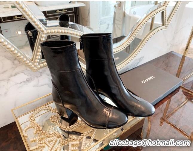 Low Price Chanel Oily Leather 5.5cm Medium-Heel Short Boots 120257 Black