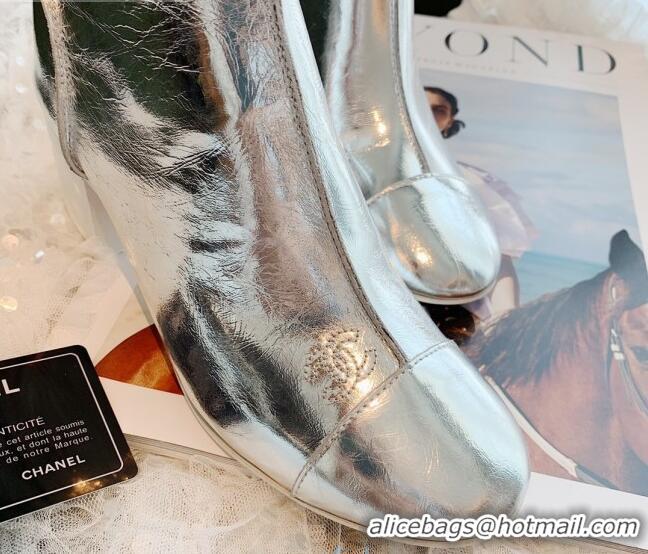 Good Product Chanel Metallic Leather 5.5cm Medium-Heel Short Boots 120257 Silver