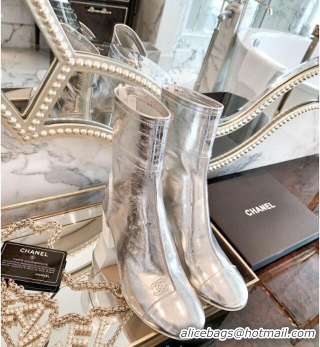 Good Product Chanel Metallic Leather 5.5cm Medium-Heel Short Boots 120257 Silver