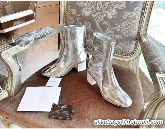 Good Product Chanel Metallic Leather 5.5cm Medium-Heel Short Boots 120257 Silver