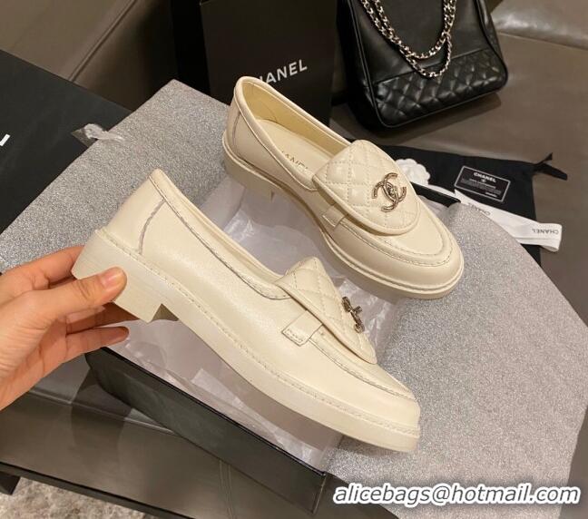 Best Price Chanel Leather Loafers with CC Foldover White 120278