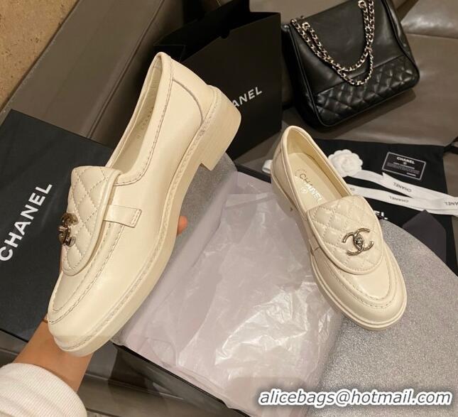 Best Price Chanel Leather Loafers with CC Foldover White 120278