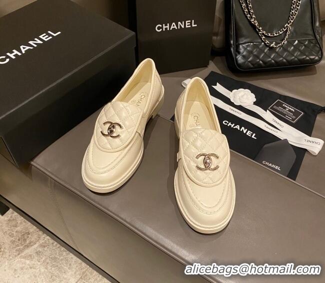 Best Price Chanel Leather Loafers with CC Foldover White 120278